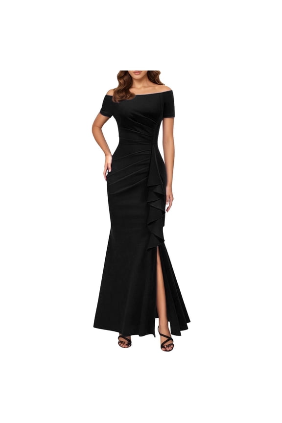 Women's Velvet Ruffle Dress Fitted Ruched Short Sleeve off Shoulder Maxi Dress Glamorous Party Dresses