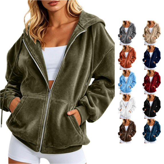 XIAOCHA Women's Velvet Touch Zip Up Hoodie with Front Pockets Drawstring Hood Relaxed Silhouette Winter Hooded Coat