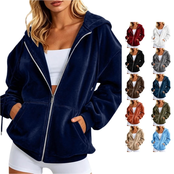XIAOCHA Women's Velvet Touch Zip Up Hoodie with Front Pockets Drawstring Hood Relaxed Silhouette Winter Hooded Coat