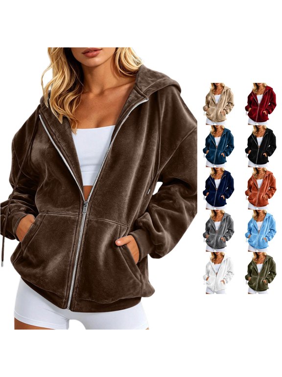 Women's Velvet Touch Zip Up Hoodie with Front Pockets Drawstring Hood Relaxed Silhouette Winter Hooded Coat
