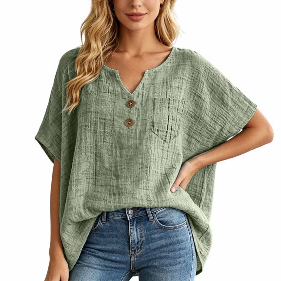 XIAOCHA Women's Versatile Blouse Notch Neck Short Sleeve Pocketed Loose Everyday Shirt
