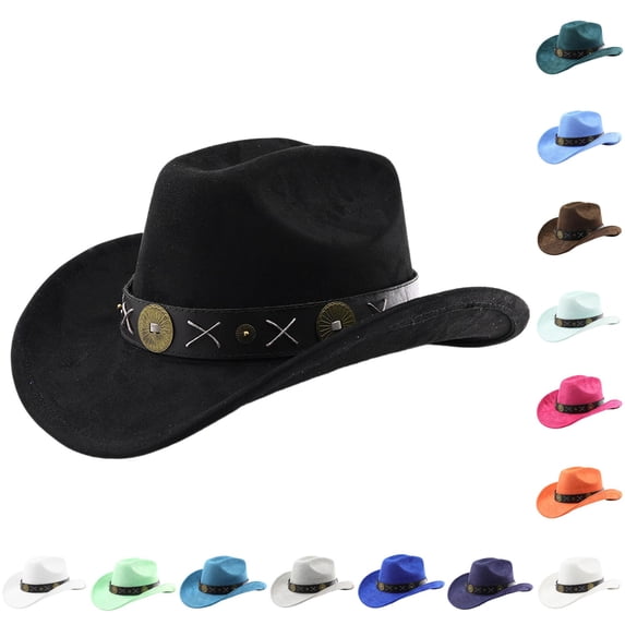 XIAOCHA Women's Vintage Concho Band Wool Cowboy Hat Solid Rodeo Party Wide Brim Western Hat,Black