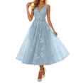 thumbnail image 1 of XIAOCHA Women's Waist Tie Tulle Dress Sleeveless V-Neck Floral Embroidery Summer Wedding Midi Gown, 1 of 5