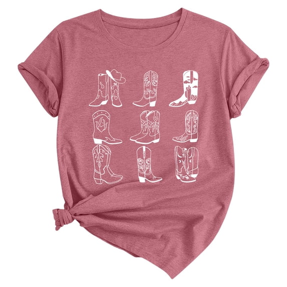 XIAOCHA Women's Western Cowboy Boot Print T Shirt Short Sleeve Casual Everyday Crew Neck Graphic Tee Pink