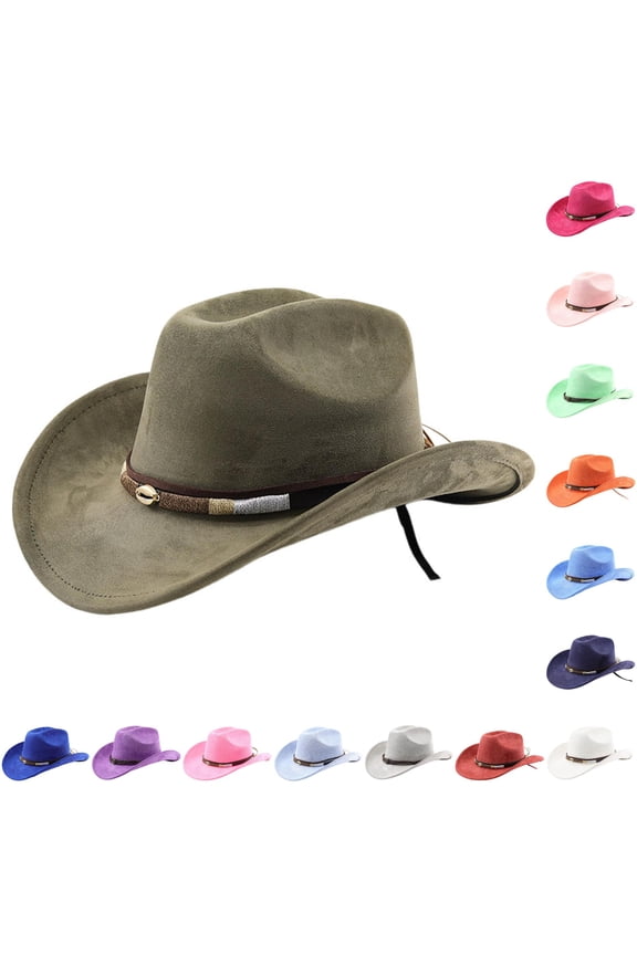 Women's Woven Shell‑Clasp Suede Cowboy Hat Solid Outdoor Rodeo Western Hat,Army Green