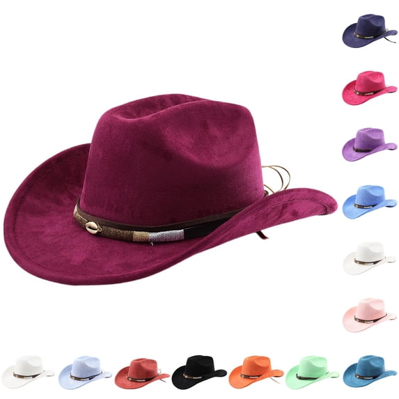 XIAOCHA Women's Woven Shell‑Clasp Suede Cowboy Hat Solid Outdoor Rodeo Western Hat,Wine