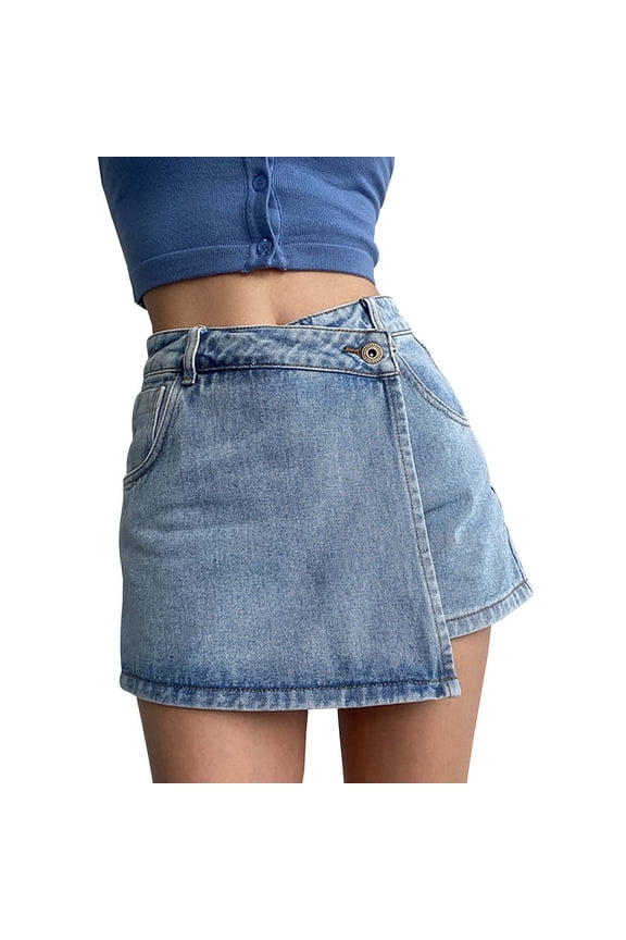 Women's Wrap-Front Denim Skort High-Waist Button-Fly Casual Mini Skort Shorts