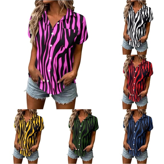 XIAOCHA Women's Zebra Print Button Down Shirts Turn Down Collar Casual Short Sleeve Blouses