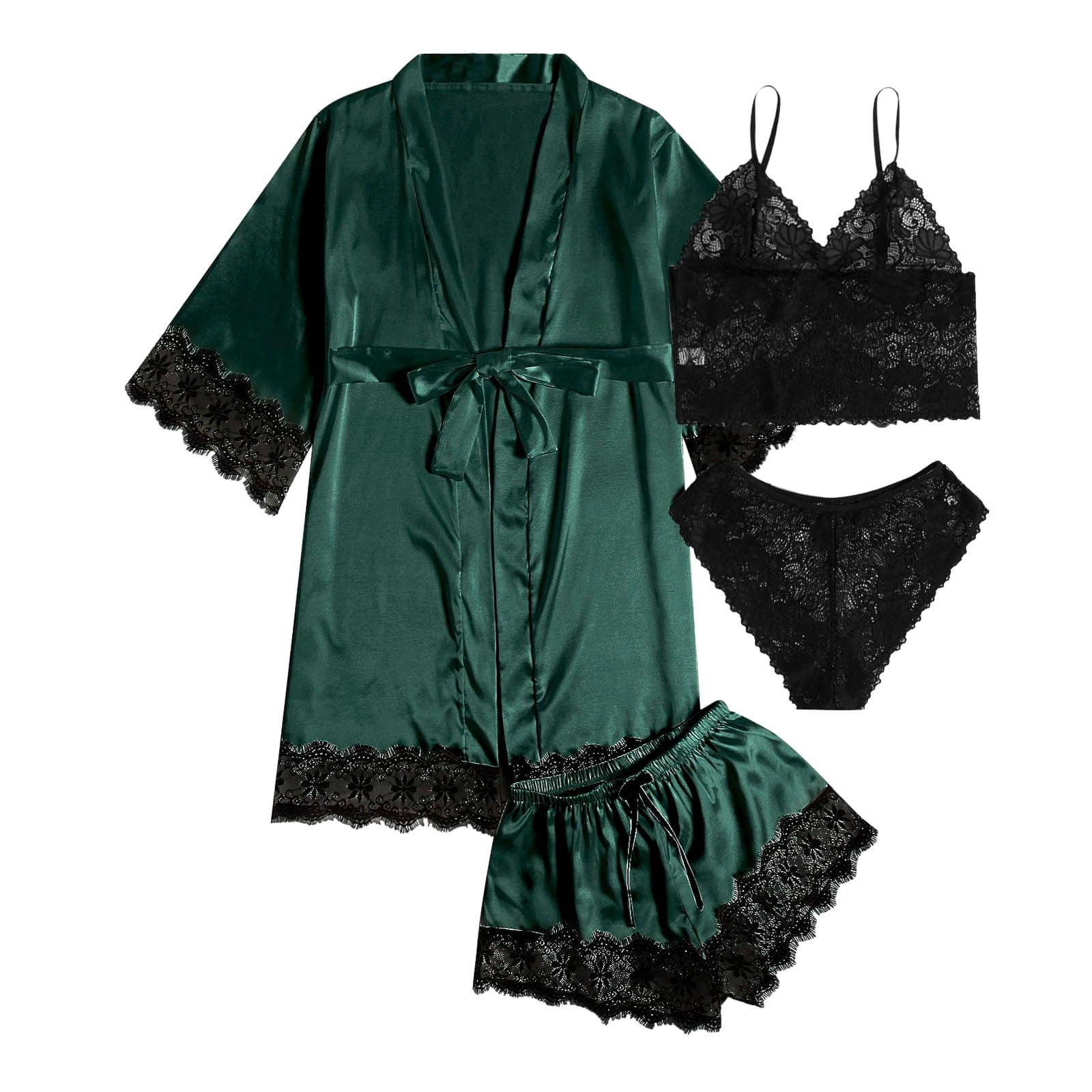 XIAOCHA Womens 4-Piece Satin Lace Trim Sleepwear Set Silky Bold ...