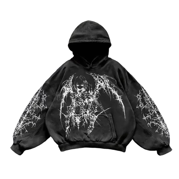 XIAOCHA Womens Anime Graphic Hoodie Oversized Long Sleeve Hooded Pullover Sweatshirt Cozy Dark Street Hoodies