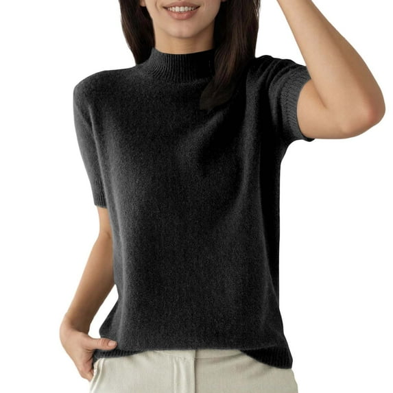 XIAOCHA Womens Blouses Chic Solid Color Turtleneck Short Sleeve Pullover Shirts Classic Knit Versatile Slim Fit Layering Shirts Daily Wear Black M