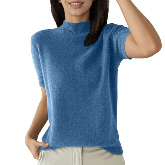 XIAOCHA Womens Blouses Chic Solid Color Turtleneck Short Sleeve Pullover Shirts Classic Knit Versatile Slim Fit Layering Shirts Daily Wear Blue XXL