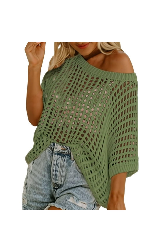 Womens Blouses Crochet Knit Scoop Neck Pullover Shirt Off The Shoulder Short Sleeve Hollow Out Sweater Top Bohemian Beachy