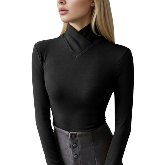 XIAOCHA Womens Blouses Crossed Neck Turtleneck Slim Fit Base Layering Shirts Minimalist Solid Color Elastic Pullover Blouses Black L(2)