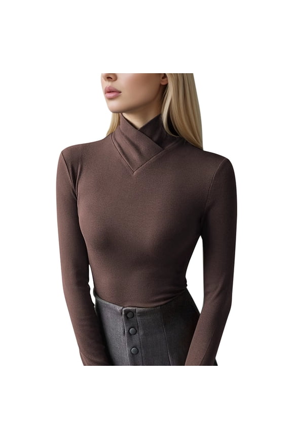 Womens Blouses Crossed Neck Turtleneck Slim Fit Base Layering Shirts Minimalist Solid Color Elastic Pullover Blouses Brown XXL(4)