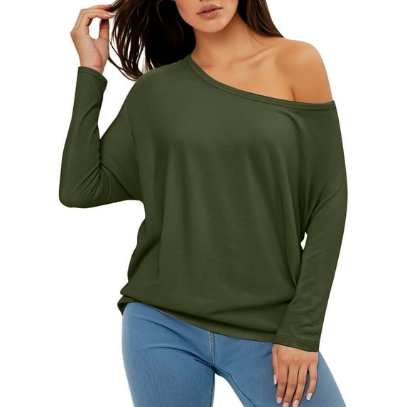 XIAOCHA Womens Blouses Elegant Off Shoulder One Shoulder Long Sleeve Blouse Trendy Solid Color Versatile Night Club Party Loose Fit Top Green S
