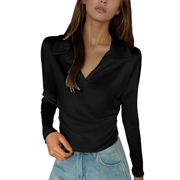 XIAOCHA Womens Blouses Elegant Satin Chic Deep V Neck Long Sleeve Blouse Solid Color Long Sleeve Slim Fit Classic Pullover Shirts Cocktail Party Black M