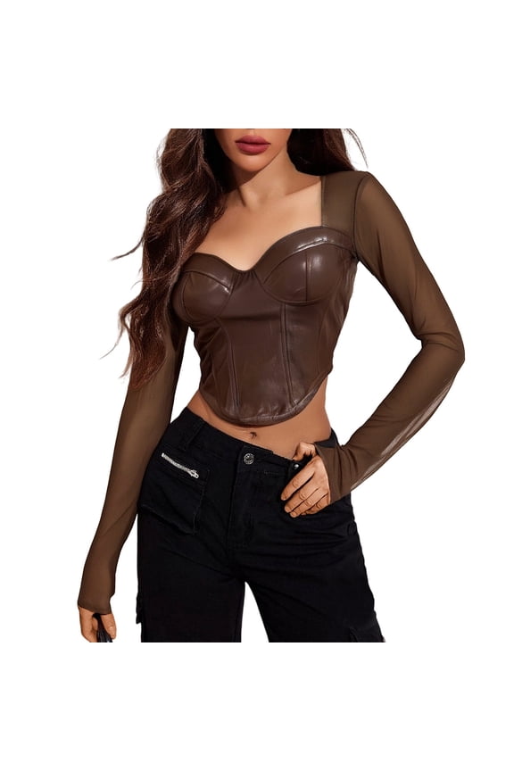 Womens Blouses Elegant Sheer Mesh Long Sleeve Leather Corset Blouse Solid Color Slim Fit Vintage Gothic Night Out Street Tops Brown ONE SIZE