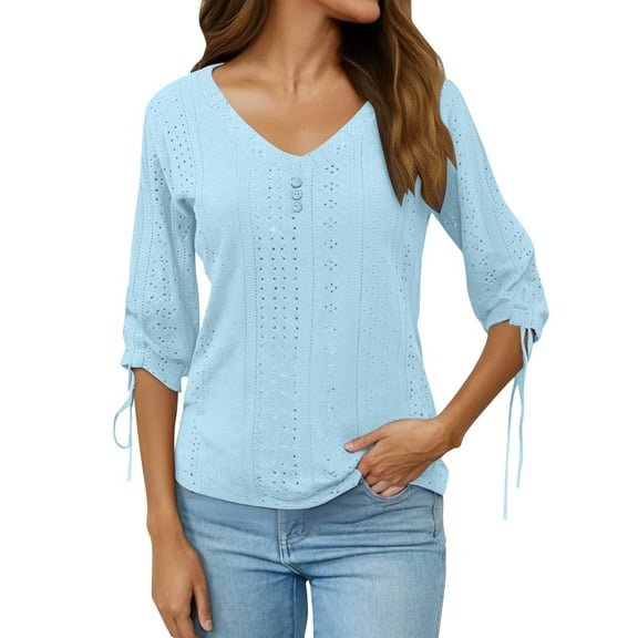 XIAOCHA Womens Blouses Eyelet Pattern Button Detail V Neck Pullover Blouse Loose Fit Three Quarter Sleeves Elegant Top Daily Wear
