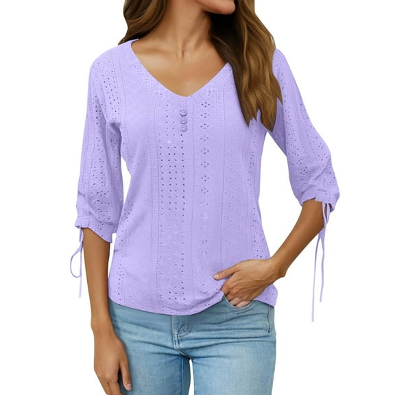 XIAOCHA Womens Blouses Eyelet Pattern Button Detail V Neck Pullover Blouse Loose Fit Three Quarter Sleeves Elegant Top Daily Wear