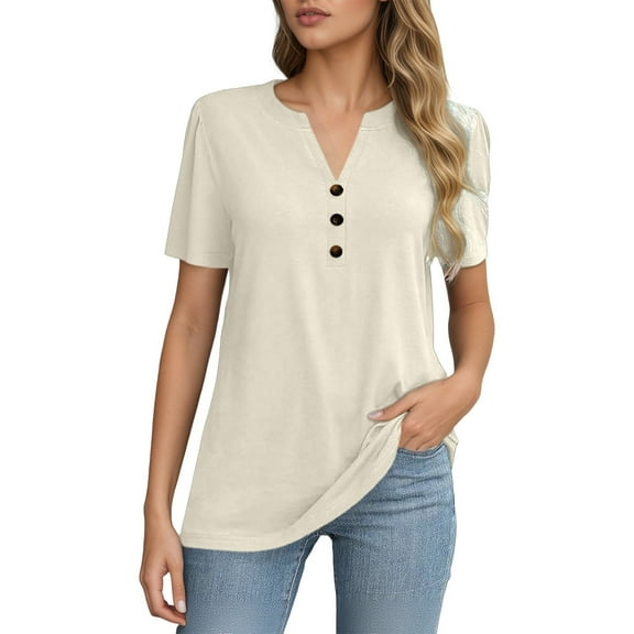 XIAOCHA Womens Blouses Rendy Notched V Neck Short Sleeve Pullover Long Blouse Versatile Classic Solid Color Oversized Shirts Daily Wear Beige L