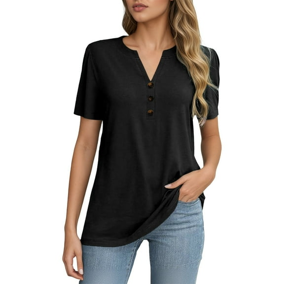XIAOCHA Womens Blouses Rendy Notched V Neck Short Sleeve Pullover Long Blouse Versatile Classic Solid Color Oversized Shirts Daily Wear Black XXL