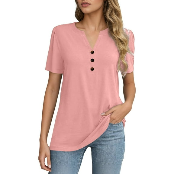 XIAOCHA Womens Blouses Rendy Notched V Neck Short Sleeve Pullover Long Blouse Versatile Classic Solid Color Oversized Shirts Daily Wear Pink S