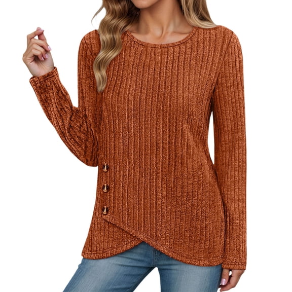 XIAOCHA Womens Blouses Ribbed Button Printed Crew Neck Pullover Sweater Loose Fit Long Sleeves Elegant Vintage Top Daily Wear