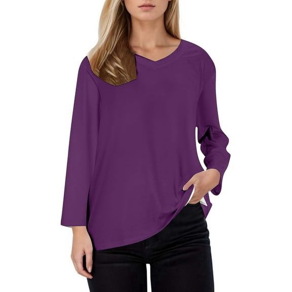 XIAOCHA Womens Blouses Simple Elegant Solid Color V Neck Oversized Pullover Shirts Retro Loose Fit Long Sleeves Trendy Blouse Purple L