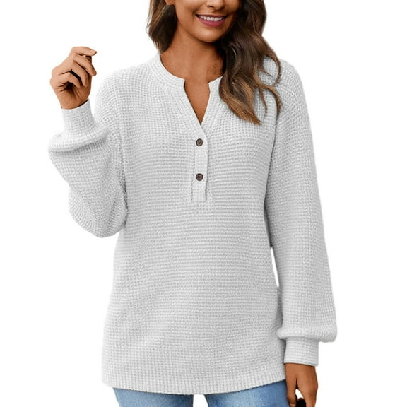XIAOCHA Womens Blouses Waffle Knit Half Button Down V Neck Oversized Shirts Solid ColorLoose Fit Long Sleeve Pullover Blouses White XXL