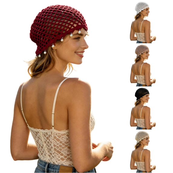 XIAOCHA Womens Boho Pearl Accent Crochet Beanie Solid Knit Breathable Beach Holiday Beanie Hats,Red