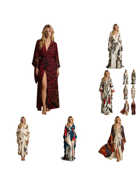 Womens Botanical Floral Print Robe Kimono Sleeve Tie Waist Maxi Bathrobe Nightgown