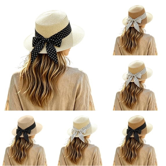XIAOCHA Womens Bow‑Pearl Straw Hat Solid Sun Hat Beach Wide‑Brim Hat,Black