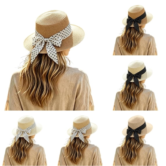 XIAOCHA Womens Bow‑Pearl Straw Hat Solid Sun Hat Beach Wide‑Brim Hat,Khaki