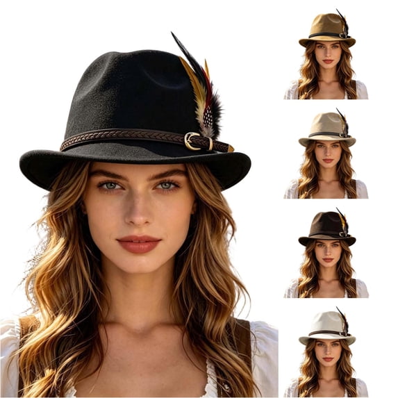 XIAOCHA Womens Braided‑Buckle Fedora Hat Solid Wide‑Brim Hat Outdoor Festival Hat,Black