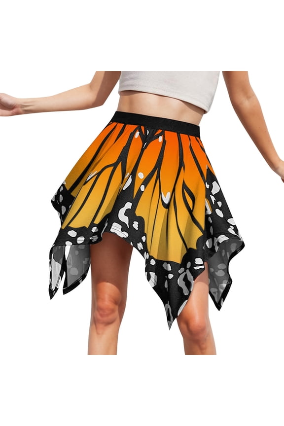 Womens Butterfly Print Mini Skirt Asymmetrical Hem Elastic Waist Casual Festival Wear