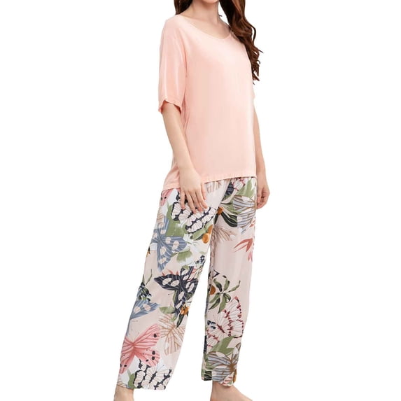 XIAOCHA Womens Butterfly Print Pajama Set Loose Short Sleeve Crew Neck Sleepwear Soft Playful Sleep Pajamas Set