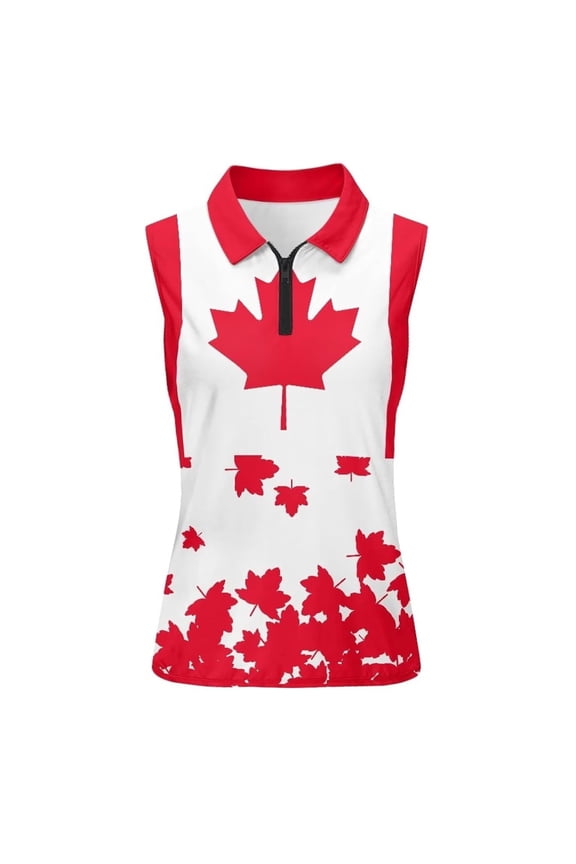Womens Canada Maple Leaf Printed Quarter Zip Patriotic Collared Sleeveless Polo Top