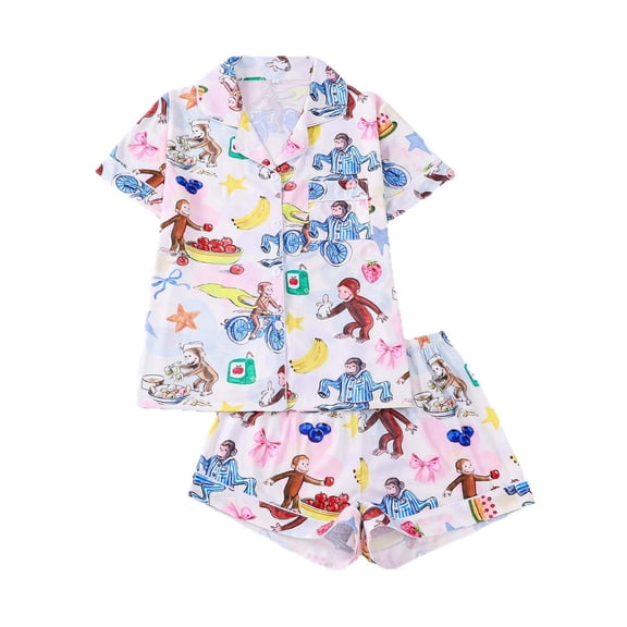 XIAOCHA Womens Cartoon Monkey Print Pajama Set Short Sleeve Button Down Shirt Shorts Sleepwear