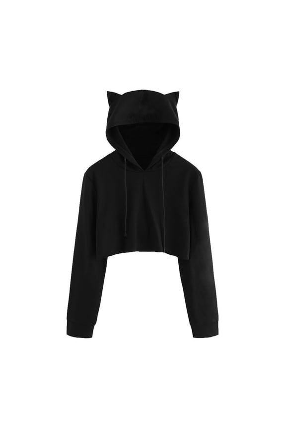 Womens Cat Ear Cropped Hoodie Long Sleeve Hooded Pullover Sweatshirt Cozy Playful Street Hoodies