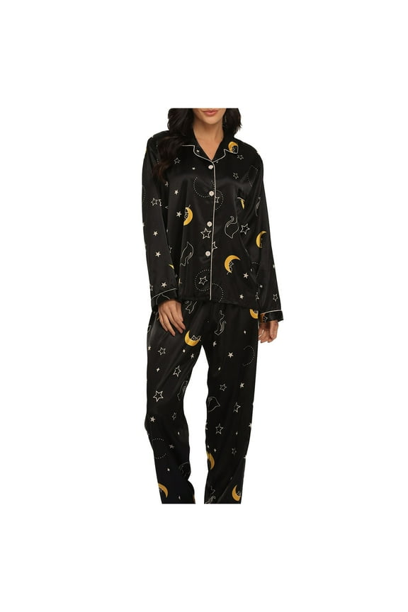 Womens Celestial Cat Print Pajama Set Loose Long Sleeve Notched Collar Sleepwear Smooth Dreamy Pajamas Set