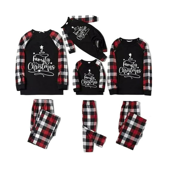 XIAOCHA Womens Christmas Family Matching Pajamas Set Adorable Letter Printe Crewneck Long Sleeves Tops With Red-Black Plaid Long Pants Loungewear Set For Dad