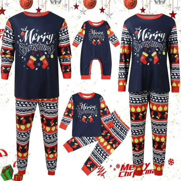XIAOCHA Womens Christmas Family Matching Pajamas Set Festive Stocking Graphic "Merry Christmas" Print Navy Blue Top With Patterned Pants Featuring Christmas Themed Designs For Dad