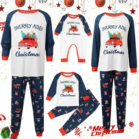 XIAOCHA Womens Christmas Family Matching Pajamas Set Red Car Graphic "Merry And Christmas" Letter Printed Crewneck Long Sleeve Top With Festive Print Pants Sleepwear For Dad