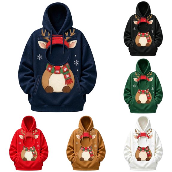 XIAOCHA Womens Christmas Reindeer Pet Pocket Pullover Hoodie Drawsting Winter Holiday Festive Cozy Hoodies