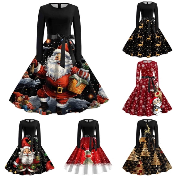 Santa Ress XIAOCHA Womens Christmas Santa Print Swing Dress Long Sleeve Belted ...