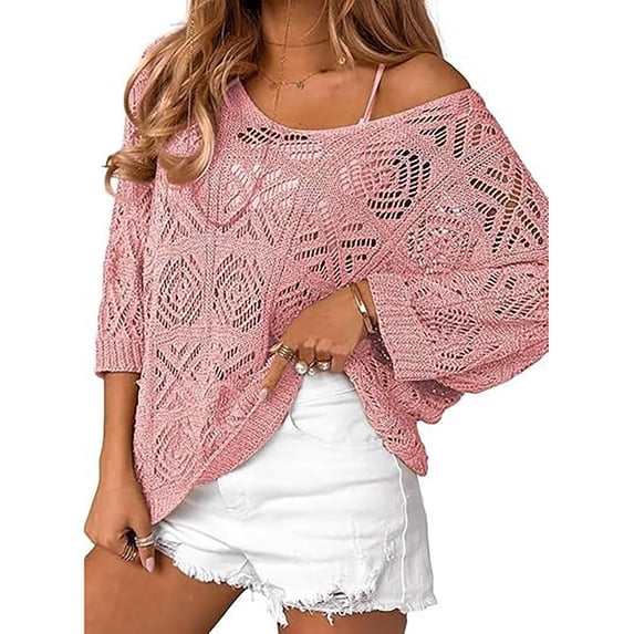 XIAOCHA Womens Crochet Knit Tops Off Shoulder 3/4 Sleeve Loose Fit Lightweight Beach Cover Up Sweaters