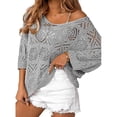 thumbnail image 1 of XIAOCHA Womens Crochet Knit Tops Off Shoulder 3/4 Sleeve Loose Fit Lightweight Beach Cover Up Sweaters, 1 of 4