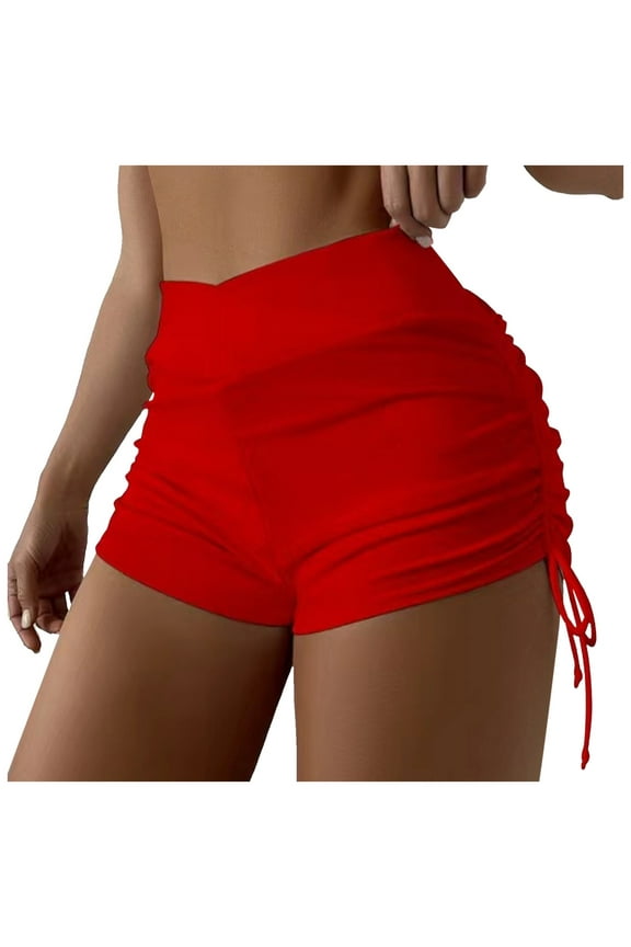 Womens Cross Side Ruche Booty Shorts Slim Fit Short Length High Waisted Swim Shorts Stretchy Sporty Yoga Shorts