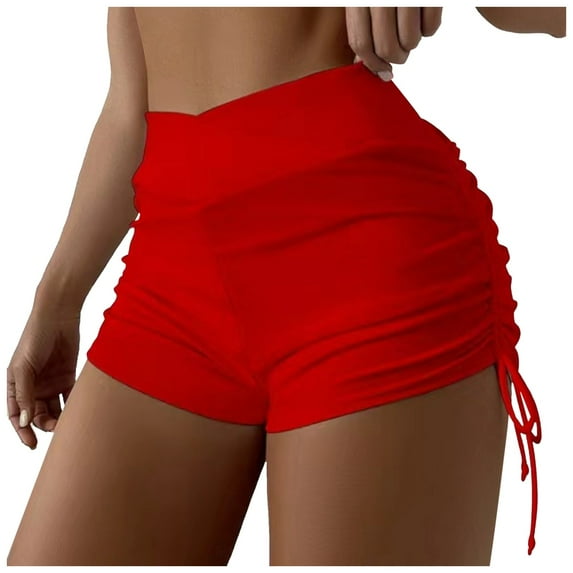 XIAOCHA Womens Cross Side Ruche Booty Shorts Slim Fit Short Length High Waisted Swim Shorts Stretchy Sporty Yoga Shorts